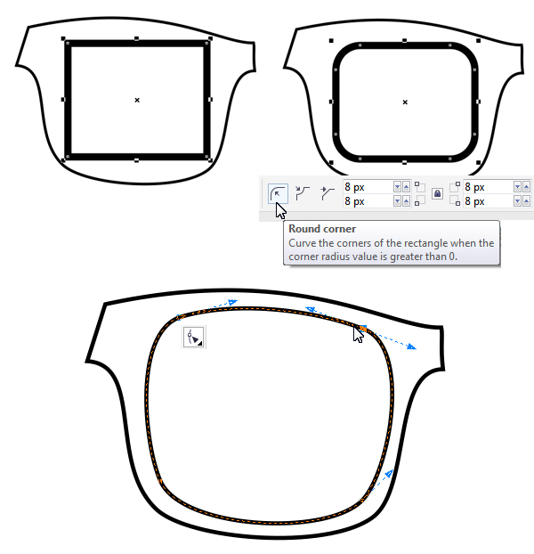 form the lens base from rectangle with rounded corners