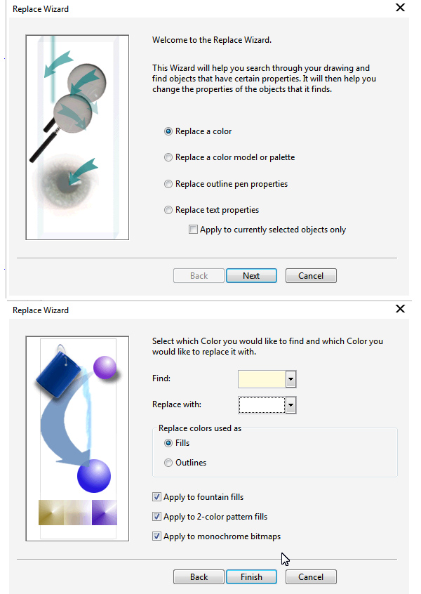use the the Replace Wizard to change colors