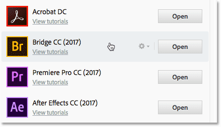 The Creative Cloud app showing Bridge CC already installed.