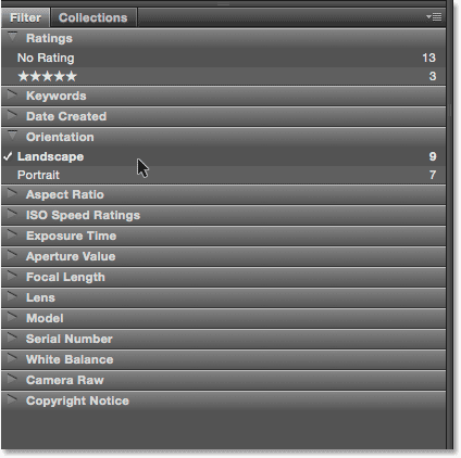 The Filter panel in Adobe Bridge CC. Image © 2015 Photoshop Essentials.com