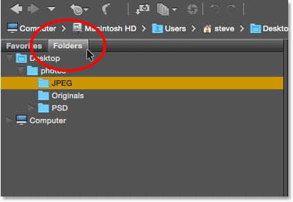 Clicking on tabs to switch between folders in a group in Bridge. Image © 2015 Photoshop Essentials.com