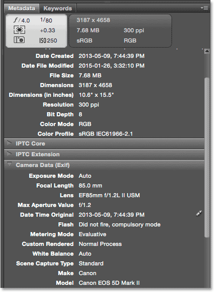 The Metadata panel in Adobe Bridge CC. Image © 2015 Photoshop Essentials.com