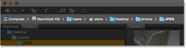 Clicking on tabs to switch between folders in a group in Bridge. Image © 2015 Photoshop Essentials.com