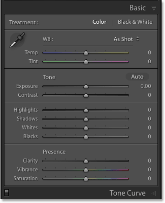 The Basic panel has been reset in Lightroom. 