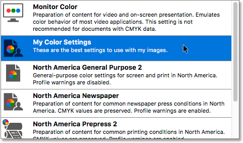 Selecting the custom preset created in Photoshop.