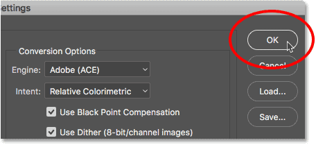 Closing the Color Settings dialog box in Photoshop.
