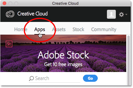 Choosing the App category in the Creative Cloud app.