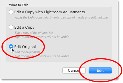 Choosing the Edit Original option in Lightroom. 