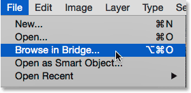 Choosing the Browse in Bridge command from under the File menu in Photoshop.