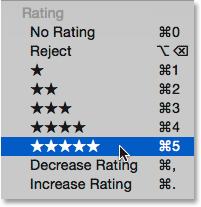Choosing the five star rating from the Label menu in Adobe Bridge. Image © 2015 Photoshop Essentials.com