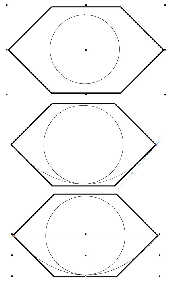 Draw a circle and a curve inside the hexagon
