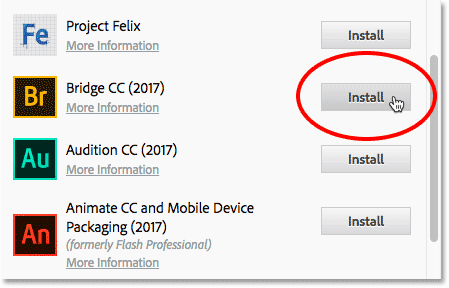 Installing Bridge CC from the Creative Cloud app.
