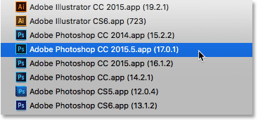 Selecting Photoshop CC 2015.5 from the list.