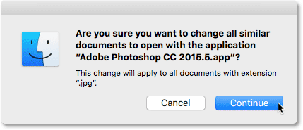 Clicking the Continue button. Image © 2016 Photoshop Essentials.com