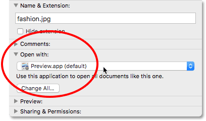 The 'Open With' section in the Info dialog box. Image © 2016 Photoshop Essentials.com