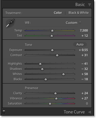 The Basic panel in Adobe Lightroom CC. 