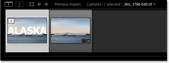 The Filmstrip in Lightroom showing the original version and the Photoshopped version. 