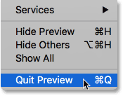Choosing Quit Preview from the Preview menu in Mac OS X. Image © 2016 Photoshop Essentials.com
