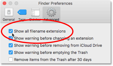 The Show filename extensions option in the Advanced Finder Preferences. Image © 2016 Photoshop Essentials.com