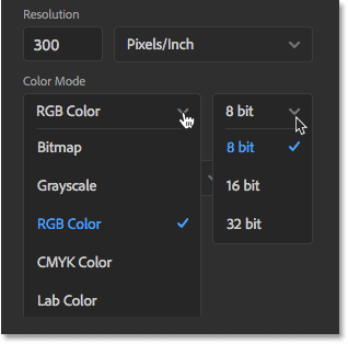 The Color Mode and Bit Depth options in the New Document dialog box.