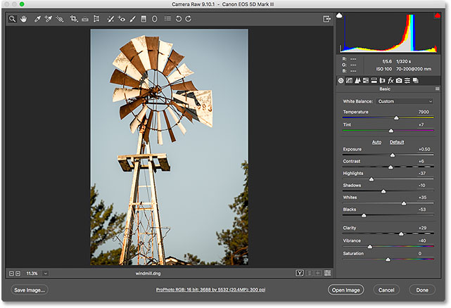 Photos captured as raw files open in Camera Raw.
