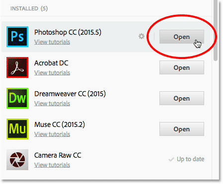Clicking the Update button for Photoshop CC.
