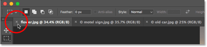 Closing a tabbed document in Photoshop.