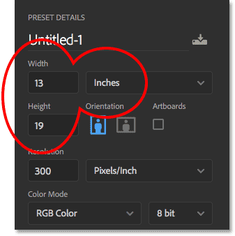 Entering custom width and height values for the new document.