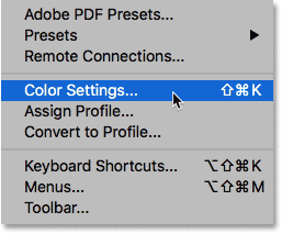 Opening the Photoshop Color Settings from under the Edit menu.