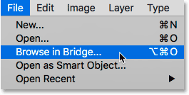 Choosing the Browse in Bridge command from the File menu in Photoshop.