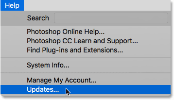 Selecting Updates from under the Help menu in Photoshop CC.