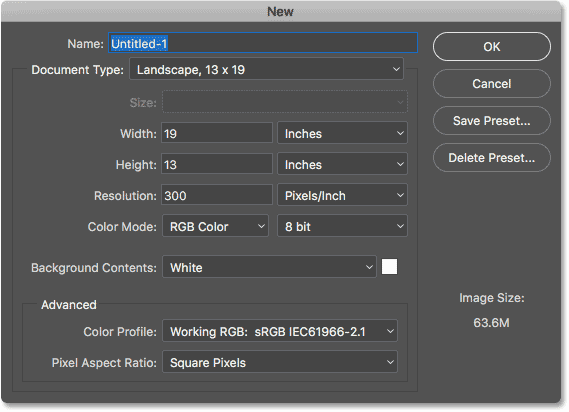 The legacy version of the New Document dialog box.
