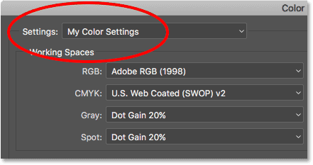 Photoshop is using the custom color settings preset we created.