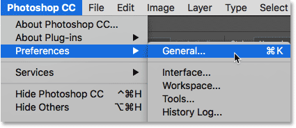 Opening the General Preferences in Photoshop.