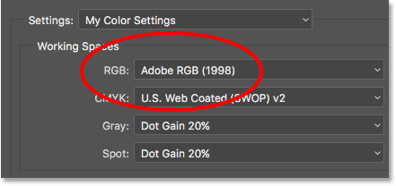 The Color Settings dialog box showing Adobe RGB as the RGB working space.