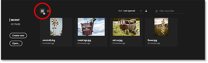 Clicking the Thumbnail View icon in the Start screen in Photoshop.