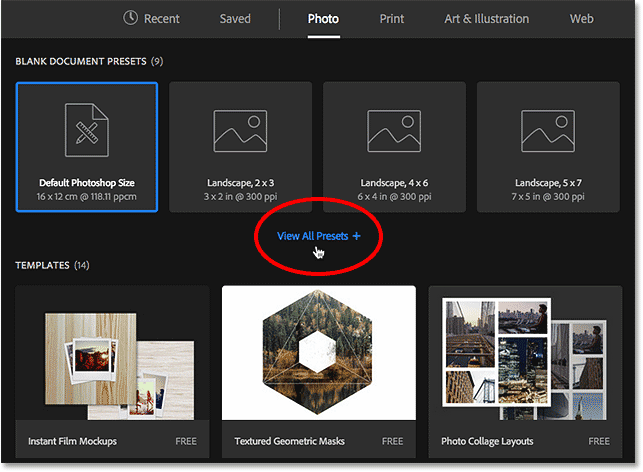 Clicking the View All Presets option.