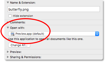 The Info dialog box showing Preview as the default app for PNG files.