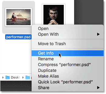 Control-clicking on the PSD file and choosing Get Info.