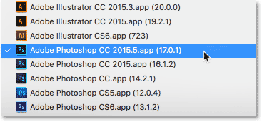 Selecting the latest version of Photoshop.