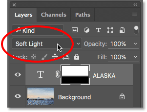 Changing the Type layer's blend mode to Soft Light. 