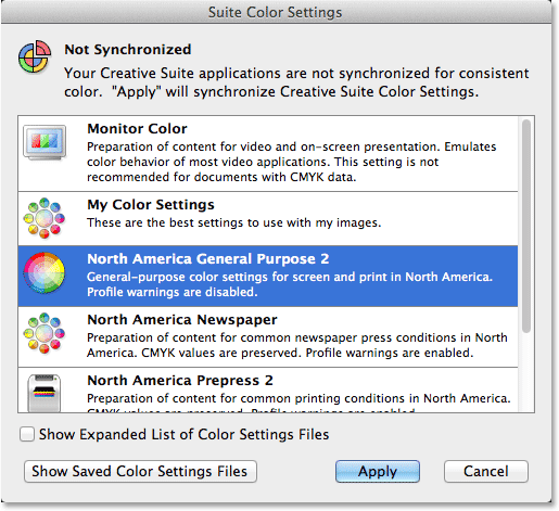 The Color Settings dialog box in Adobe Bridge.