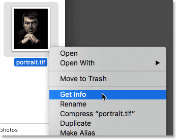 Control-clicking on the TIFF file and choosing Get Info.