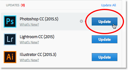 Clicking the Update button for Photoshop CC.