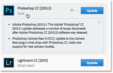 Viewing a description of the update for Photoshop CC.