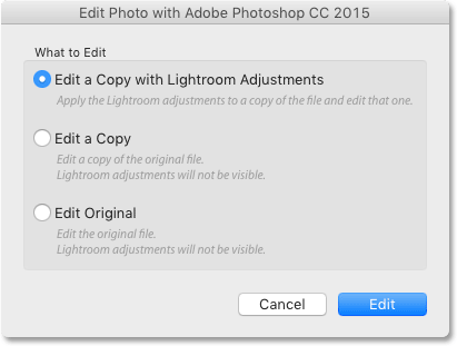 The three editing options for sending non-raw files from Lightroom to Photoshop. 