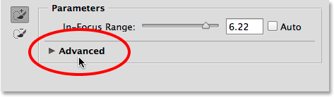 Opening the Advanced section in the Focus Area dialog box. 