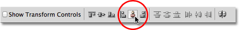 The Align Horizontal Centers option in the Options Bar in Photoshop. 