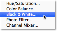 Choosing a Black and White adjustment layer in Photoshop. 