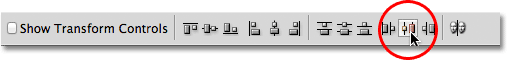 The Distribute horizontal centers option in the Options Bar in Photoshop. 